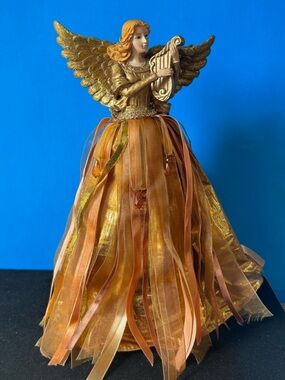 Saint Nicholas Square Golden Angel Figurine with Harp with music box